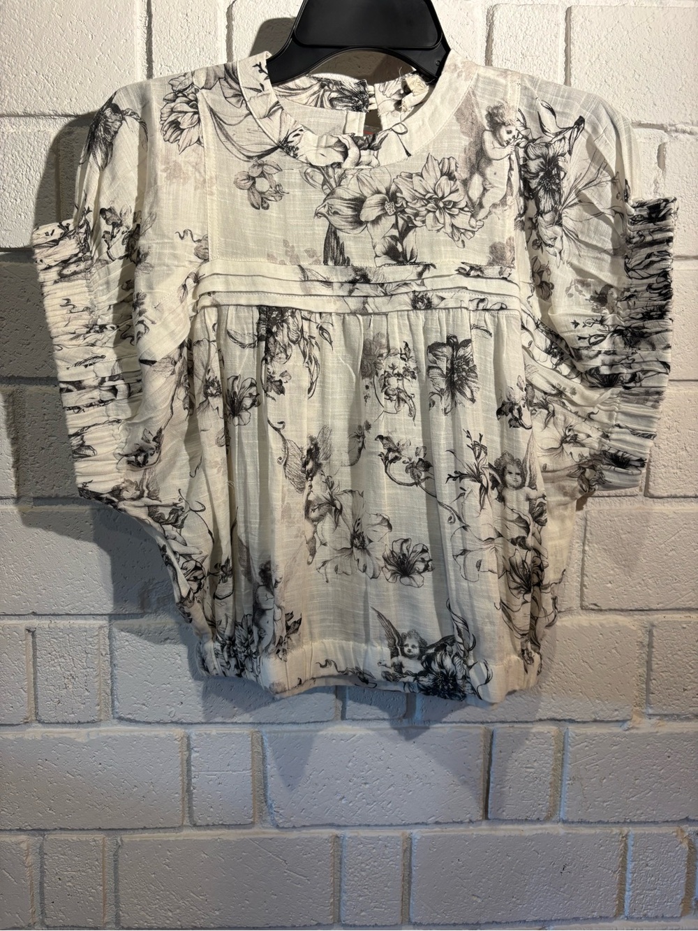 Pilcro Cream Blouse with Black Floral & Cherub Print